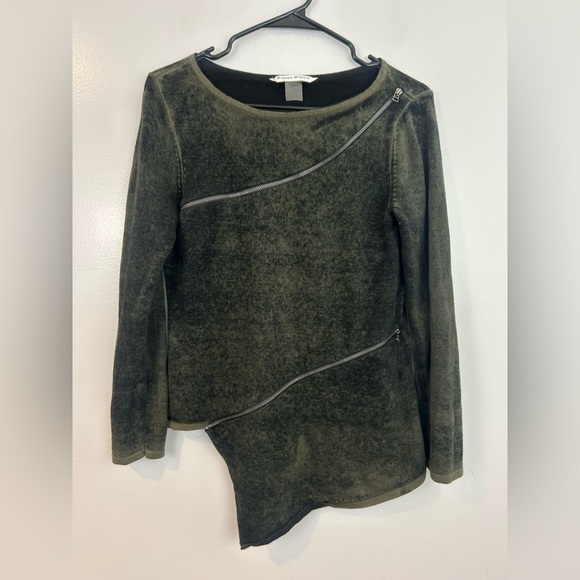 Bianca Nygard Olive Green & Black Asymmetrical Zipper Pullover Sweater Medium - Picture 2 of 10